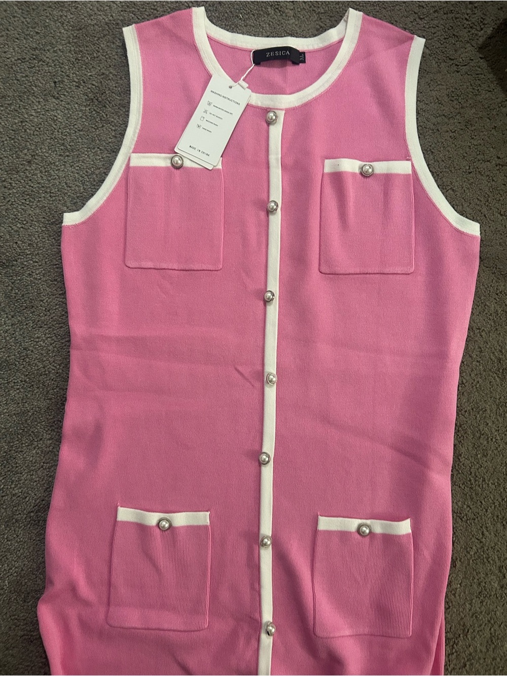 💗💗💗Zesica Pink Sleeveless Button-Front Casual Dress with Contrast Trim